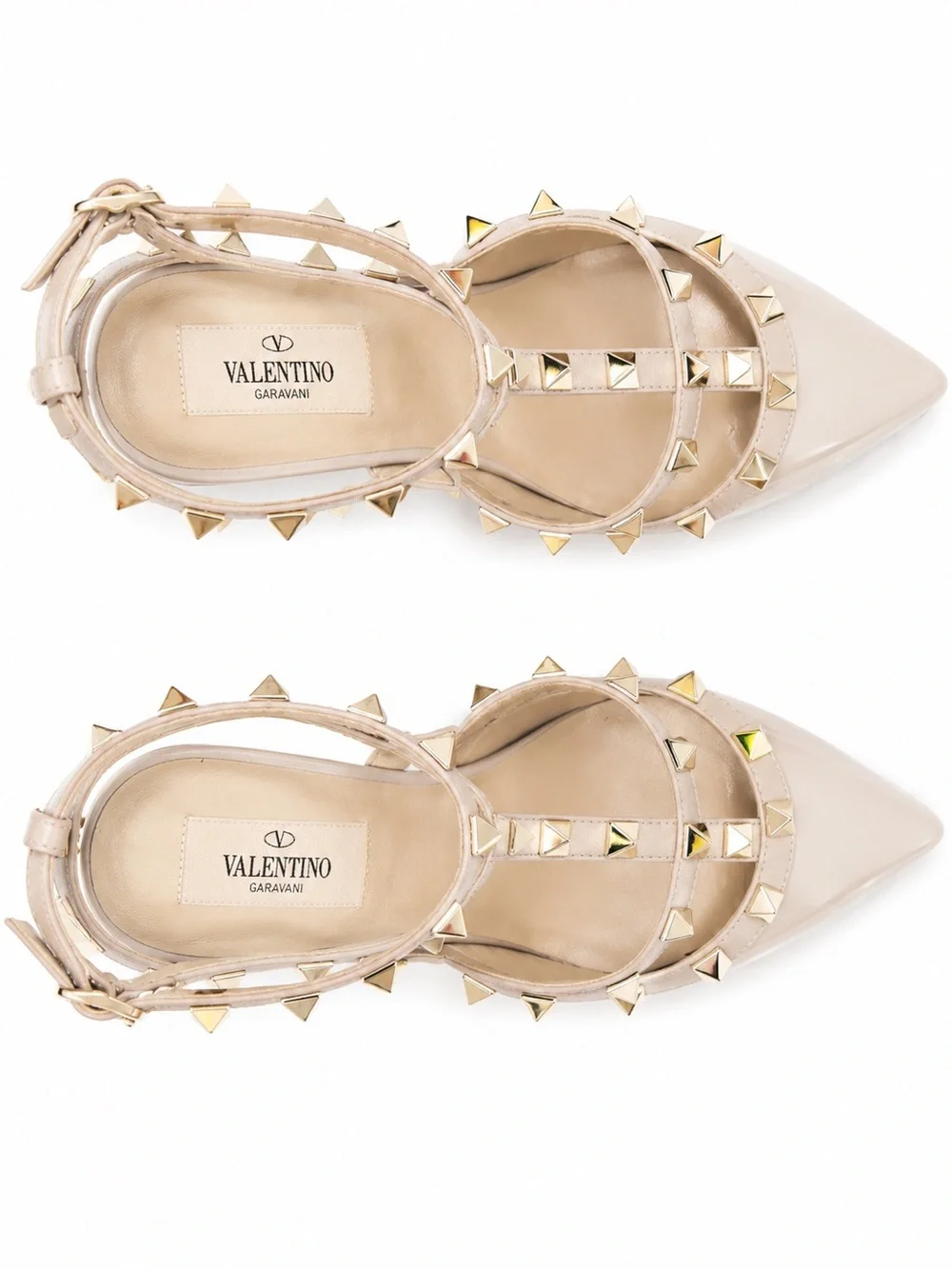 Valentino Garavani patent nappa leather pump feature iconic platinum-finish stud